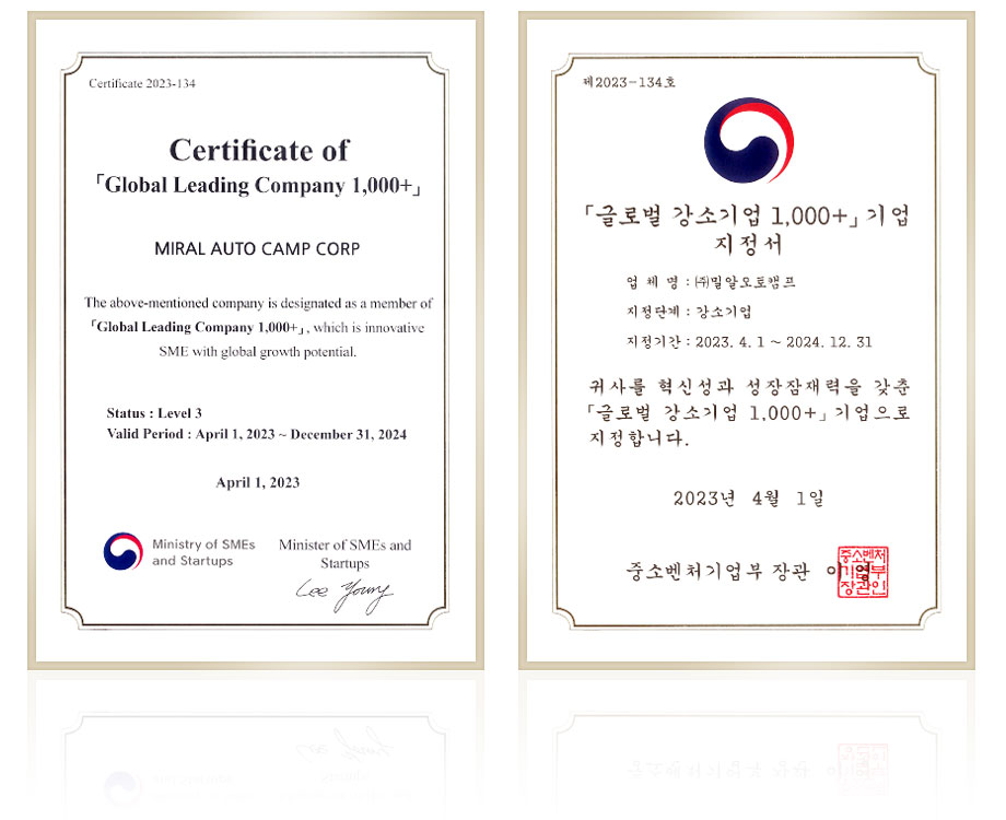 Global Leading Company 1,000+ certification of Miral Auto Camp